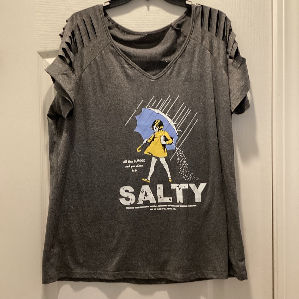 Gray 'Salty' Graphic V-Neck Ripped/ Distressed Top